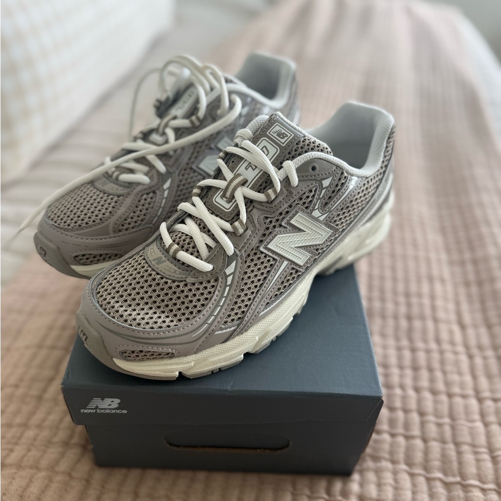 New Balance Taupe and White Mesh Sneakers
